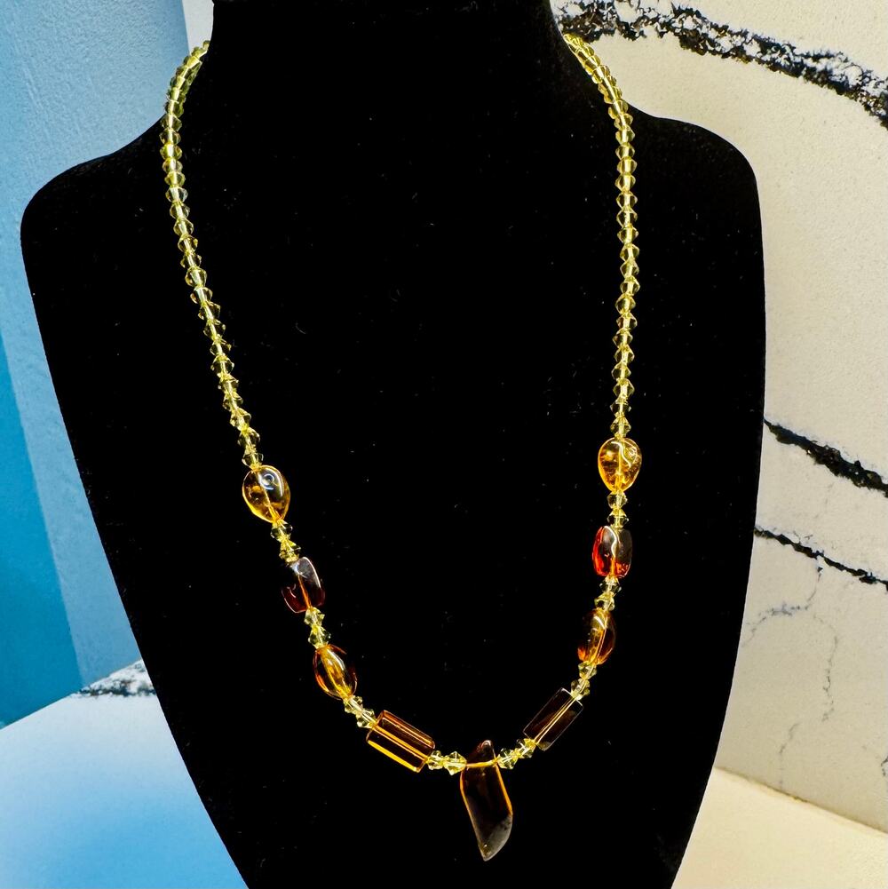 Handmade Amber Orange & Green Glass Crystal Beaded Statement Necklace Boho Chic